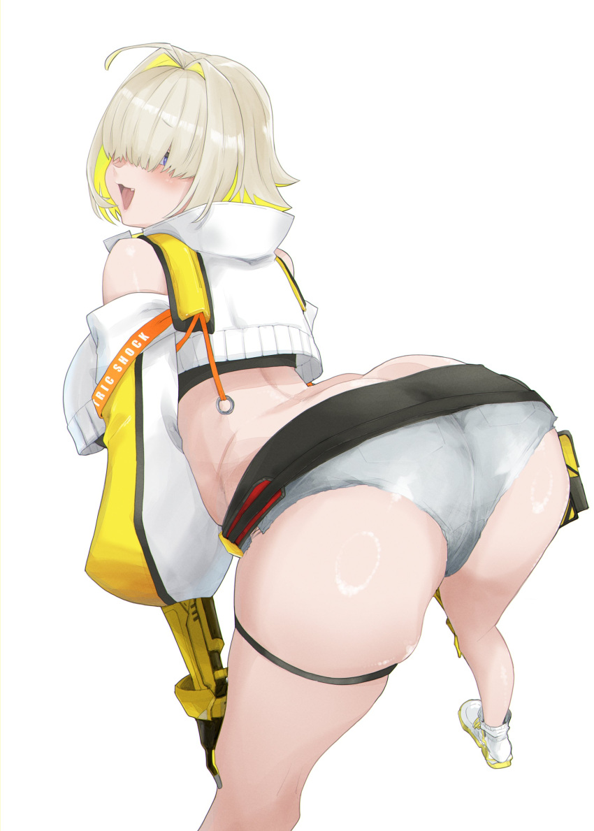 1girl :3 absurdres ahoge bent_over blonde_hair blue_eyes blush clothing_cutout commentary_request cropped_jacket elegg_(nikke) eyes_visible_through_hair fang goddess_of_victory:_nikke hair_intakes hands_on_own_knees highres looking_at_viewer looking_back open_mouth short_shorts shorts shoulder_cutout simple_background solo su_(sconbuoishi) thigh_strap white_background