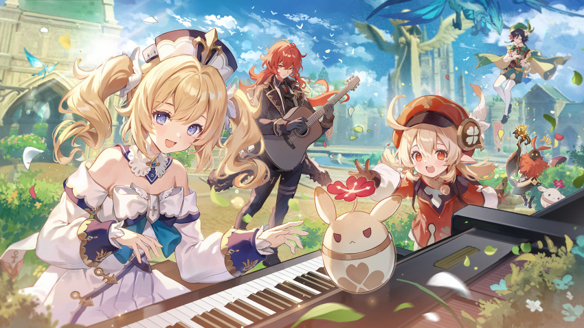 2boys 2girls :d ahoge barbara_(genshin_impact) black_hair black_headwear blonde_hair blue_eyes blue_sky bow building cabbie_hat character_request closed_eyes cloud cloudy_sky commentary_request day detached_sleeves diluc_(genshin_impact) dress genshin_impact grand_piano guitar hair_between_eyes hat highres holding holding_instrument instrument klee_(genshin_impact) long_sleeves low_twintails lyre multiple_boys multiple_girls official_art outdoors outstretched_arm piano pointy_ears puffy_long_sleeves puffy_sleeves red_dress red_eyes red_hair red_headwear sky smile strapless strapless_dress twintails venti_(genshin_impact) water white_bow white_dress white_sleeves yeonwa