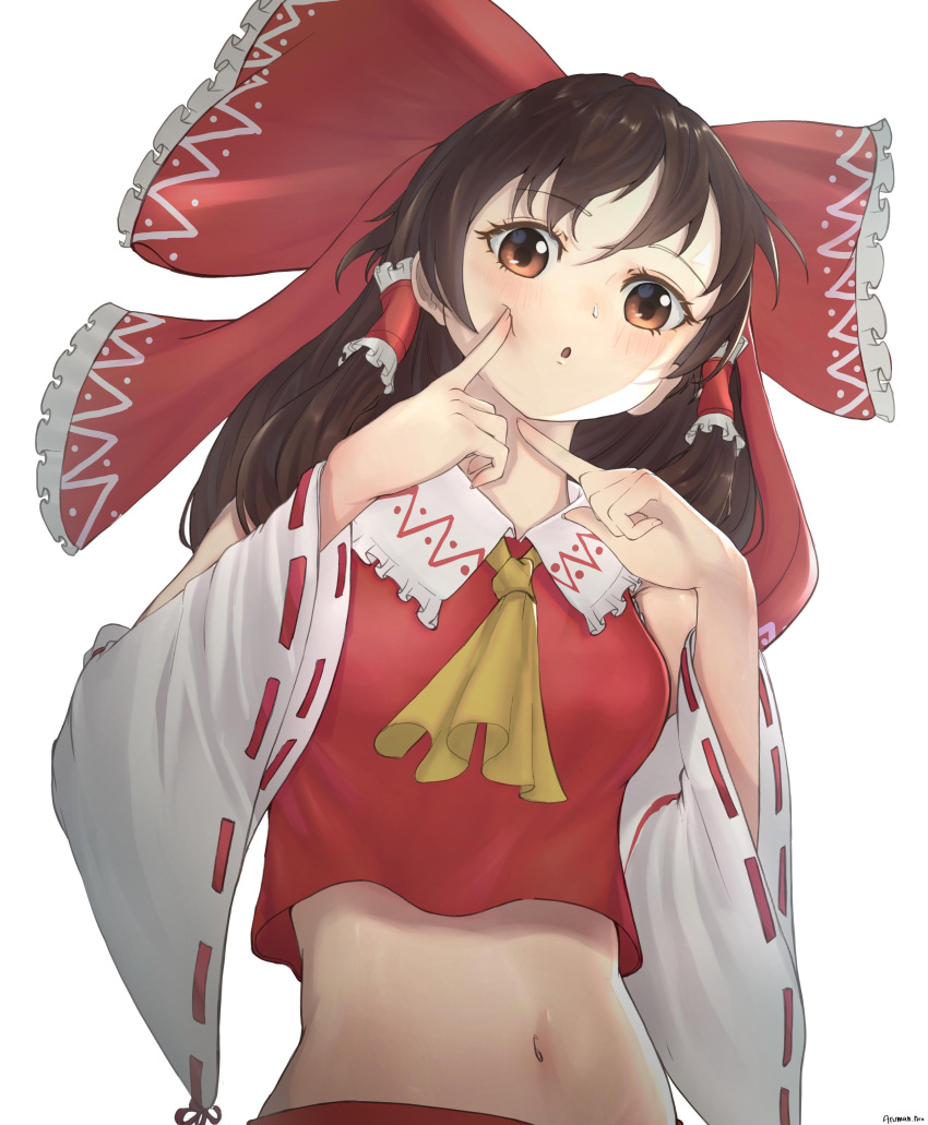1girl absurdres aruman.aru ascot blush bow brown_eyes brown_hair collared_shirt commentary crop_top cropped_shirt detached_sleeves english_commentary finger_to_cheek finger_to_face frilled_bow frilled_hair_tubes frilled_shirt_collar frills hair_bow hair_tubes hakurei_reimu hands_up highres long_hair long_sleeves looking_at_viewer midriff navel open_mouth red_bow red_shirt ribbon-trimmed_sleeves ribbon_trim shirt sidelocks simple_background sleeveless sleeveless_shirt solo touhou upper_body white_background white_sleeves wide_sleeves yellow_ascot
