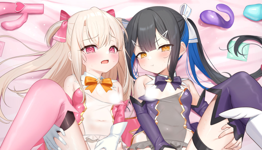 2girls bare_shoulders black_hair blonde_hair blue_hair bow bowtie breasts censored closed_mouth detached_sleeves fate/kaleid_liner_prisma_illya fate_(series) hair_ornament hairpin holding_own_leg illyasviel_von_einzbern long_hair lying miyu_edelfelt multicolored_hair multiple_girls necktie open_mouth orange_bow pink_bow pink_eyes pout purple_bow sex_toy short_twintails small_breasts tears thighhighs too_many too_many_sex_toys tsukiman twintails two-tone_hair white_bow yellow_eyes