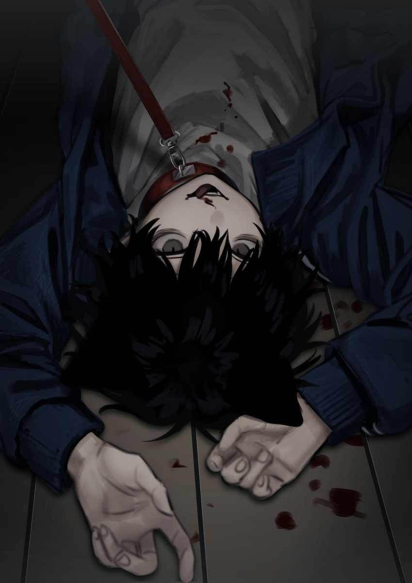 1boy absurdres animal_ears arms_up black_hair blood blood_on_clothes blood_on_face blood_on_ground blue_jacket cat_boy cat_ears collar grey_eyes hair_between_eyes highres imai_akira jacket leash long_sleeves looking_at_viewer lying male_focus on_back on_floor open_clothes open_jacket original red_collar shirt solo tongue track_jacket upside-down white_shirt