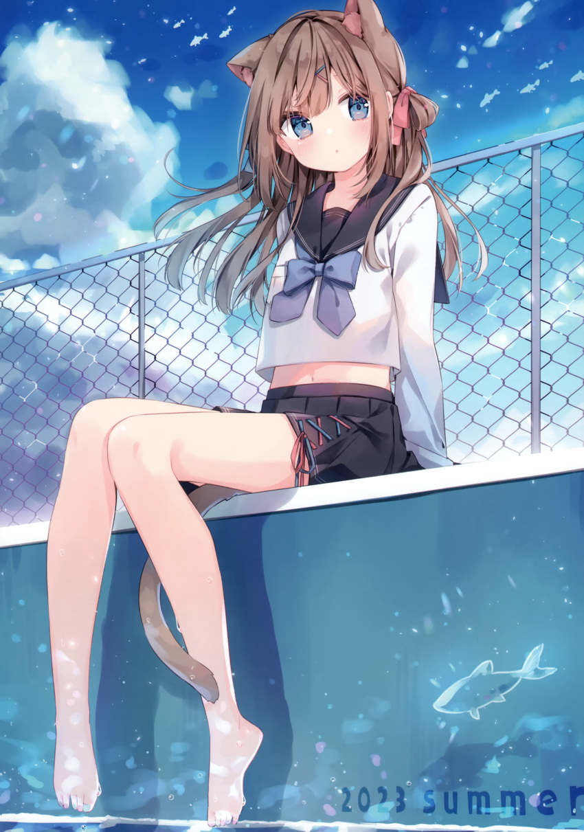 1girl 2023 :o absurdres animal_ear_fluff animal_ears bare_legs barefoot black_sailor_collar black_skirt blue_bow blue_bowtie blue_eyes blue_sky bow bowtie brown_hair cat_ears cat_girl cat_tail english_text fence fish flying_fish hair_ribbon heripiro highres light_particles long_hair long_sleeves looking_at_viewer midriff navel nekomimi_onnanoko_(heripiro) non-web_source original outdoors parted_lips pink_ribbon pleated_skirt ribbon sailor_collar scan school_uniform serafuku sitting skirt sky solo tail toes white_serafuku