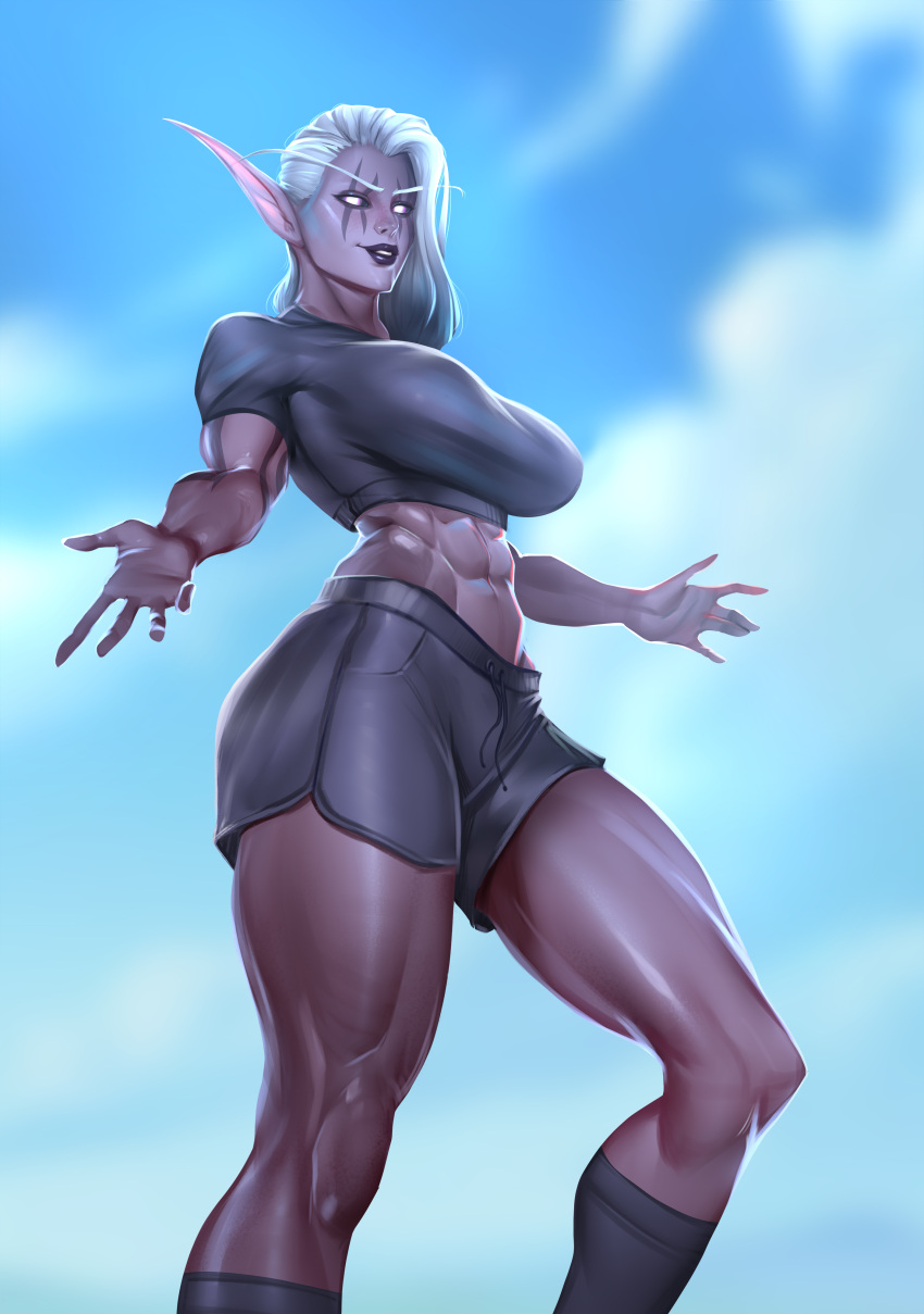 1girl abs absurdres black_lips black_sclera blue_sky breasts colored_sclera colored_skin day elf execute_phase grey_shirt grey_shorts grey_skin grey_socks highres large_breasts lipstick long_hair looking_at_viewer makeup midriff muscular muscular_female nightborne outdoors pointy_ears shiny_skin shirt short_shorts short_sleeves shorts sky smile socks solo sportswear toned warcraft white_hair world_of_warcraft