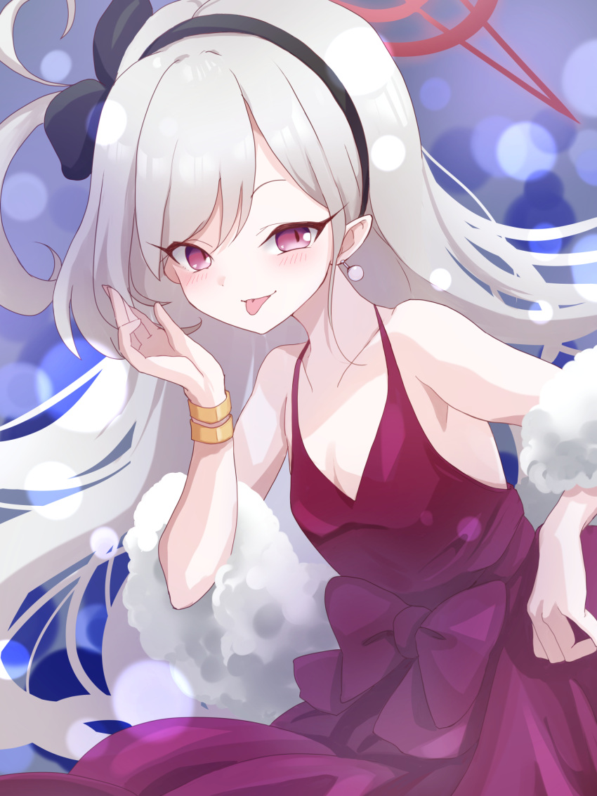 1girl black_hairband blue_archive blush closed_mouth dress earrings grey_hair hairband halo highres jewelry komena_(shinyday312) long_hair looking_at_viewer mutsuki_(blue_archive) mutsuki_(dress)_(blue_archive) official_alternate_costume pink_eyes pointy_ears red_dress red_halo sleeveless sleeveless_dress smile solo tongue tongue_out white_fur