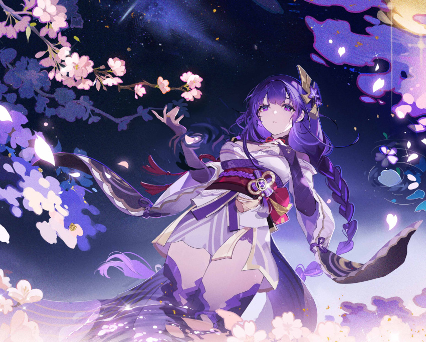 1girl absurdres blunt_bangs braid cherry_blossoms genshin_impact hair_ornament hand_on_own_chest hand_up highres japanese_clothes long_hair looking_at_viewer looking_down mitsudomoe_(shape) mole mole_under_eye moon night night_sky purple_eyes purple_hair purple_nails raiden_shogun reflection reflective_water ripples single_braid sky solo star_(sky) starry_sky tomoe_(symbol) tree00227