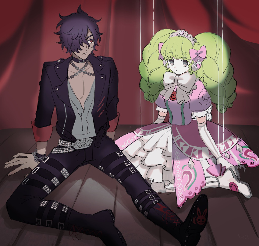 1boy 1girl arm_support belt black_belt black_collar black_footwear black_jacket black_pants boots bow chain collar curtains dark-skinned_male dark_skin dress elbow_gloves expressionless falulu full_body gloves green_hair grey_eyes grey_shirt hair_over_one_eye headphones highres idol_clothes idol_land_pripara jacket long_hair long_sleeves mario_(pripara) marionette pants parimi_(tobari) pectorals pink_bow pink_dress power_symbol pretty_series pripara puppet red_eyes shirt shoe_soles short_hair sidelocks sitting twintails white_bow white_gloves wooden_floor