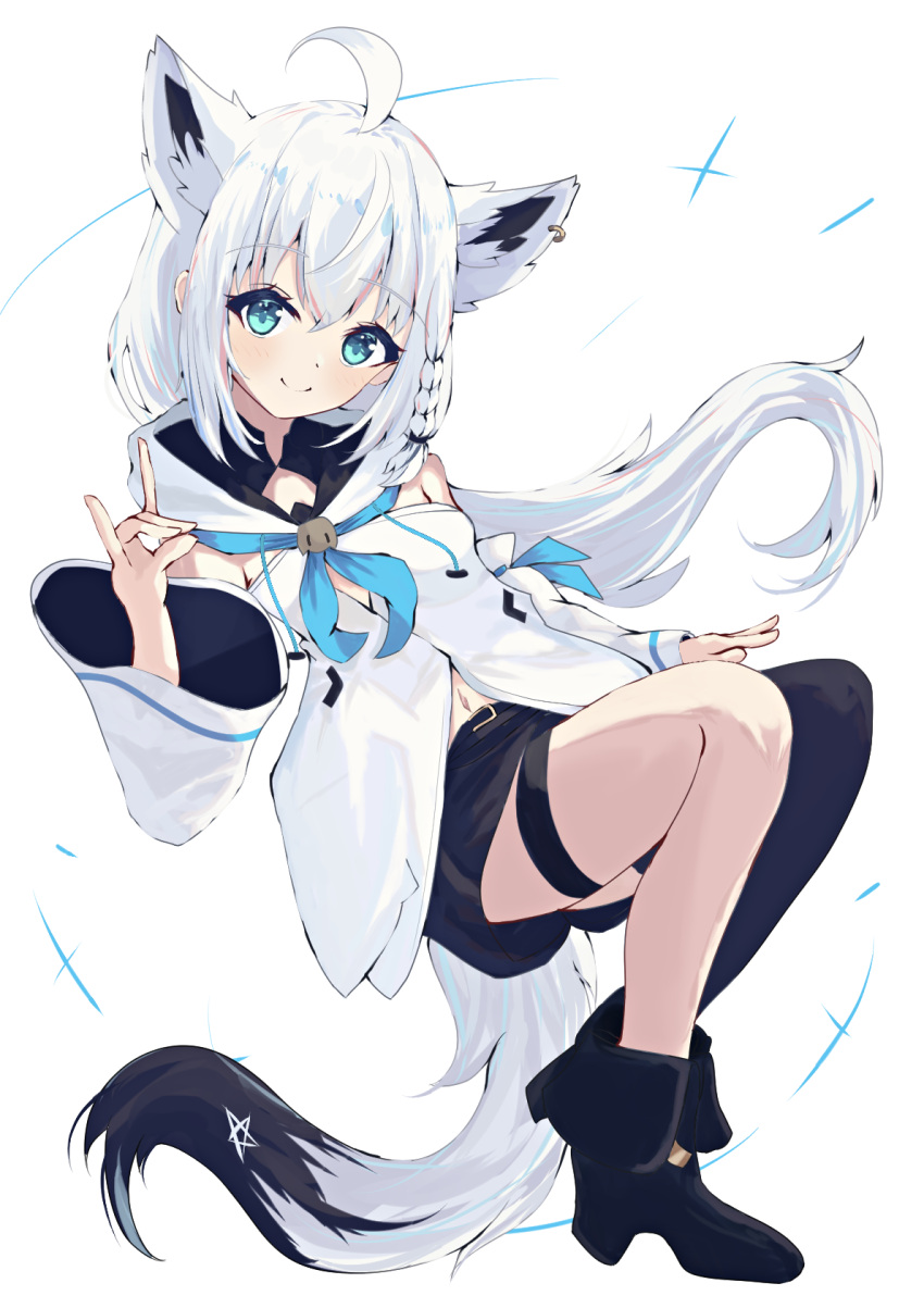 1girl ahoge animal_ears ankle_boots aqua_eyes black_footwear black_shorts black_thighhighs boots braid detached_sleeves duosix_setsu0408 fox_ears fox_girl fox_shadow_puppet fox_tail highres hololive hood hoodie long_hair looking_at_viewer shirakami_fubuki shirakami_fubuki_(1st_costume) shorts single_braid single_thighhigh smile solo tail thigh_strap thighhighs virtual_youtuber white_background white_hair white_hoodie white_sleeves