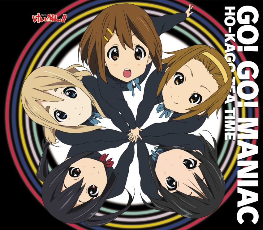 5girls akiyama_mio black_hair blazer blonde_hair blue_eyes brown_eyes brown_hair circle_formation cover everyone go!go!_maniac grey_eyes hairband hime_cut hirasawa_yui horiguchi_yukiko jacket k-on! kotobuki_tsumugi long_hair multiple_girls nakano_azusa official_art sakuragaoka_high_school_uniform school_uniform short_hair tainaka_ritsu twintails