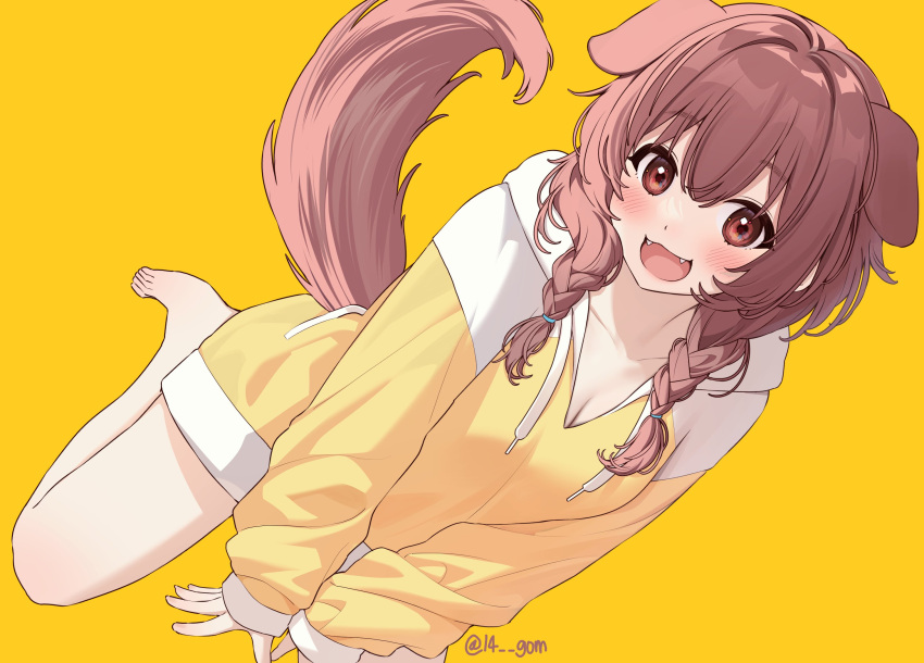 14_(vision5032) 1girl :3 :d alternate_costume animal_ears barefoot blush braid brown_eyes brown_hair collarbone dog_ears dog_girl dog_tail double-parted_bangs drawstring extra_ears fangs hair_between_eyes hair_tie hands_on_ground hashtag_only_commentary highres hololive hood hoodie inugami_korone long_hair long_sleeves looking_at_viewer low_twin_braids messy_hair no_pants sitting smile solo tail tail_raised twin_braids twitter_username virtual_youtuber wariza yellow_background yellow_hoodie