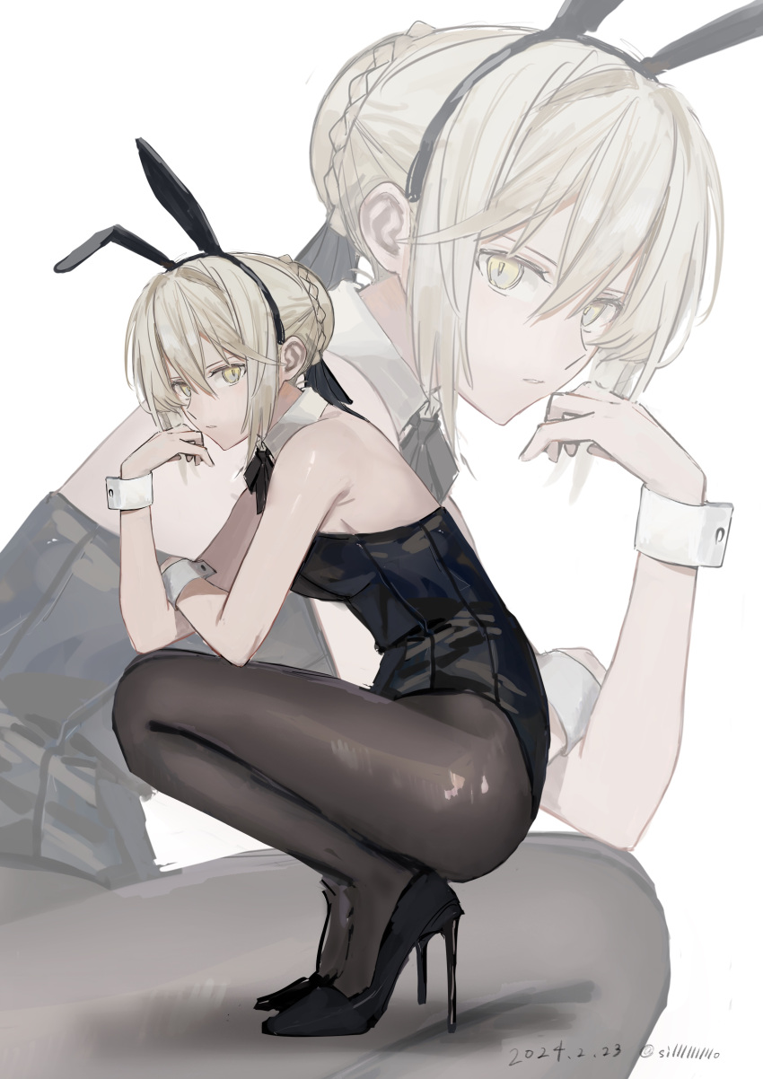 1girl absurdres alternate_costume animal_ears artoria_pendragon_(fate) black_bow black_bowtie black_footwear black_leotard black_pantyhose blonde_hair bow bowtie braid breasts commentary_request dated detached_collar fake_animal_ears fate/grand_order fate_(series) french_braid hair_between_eyes highres leotard looking_at_viewer pantyhose playboy_bunny rabbit_ears saber_alter shiro_(siro_kuten) short_hair small_breasts solo squatting strapless strapless_leotard twitter_username yellow_eyes