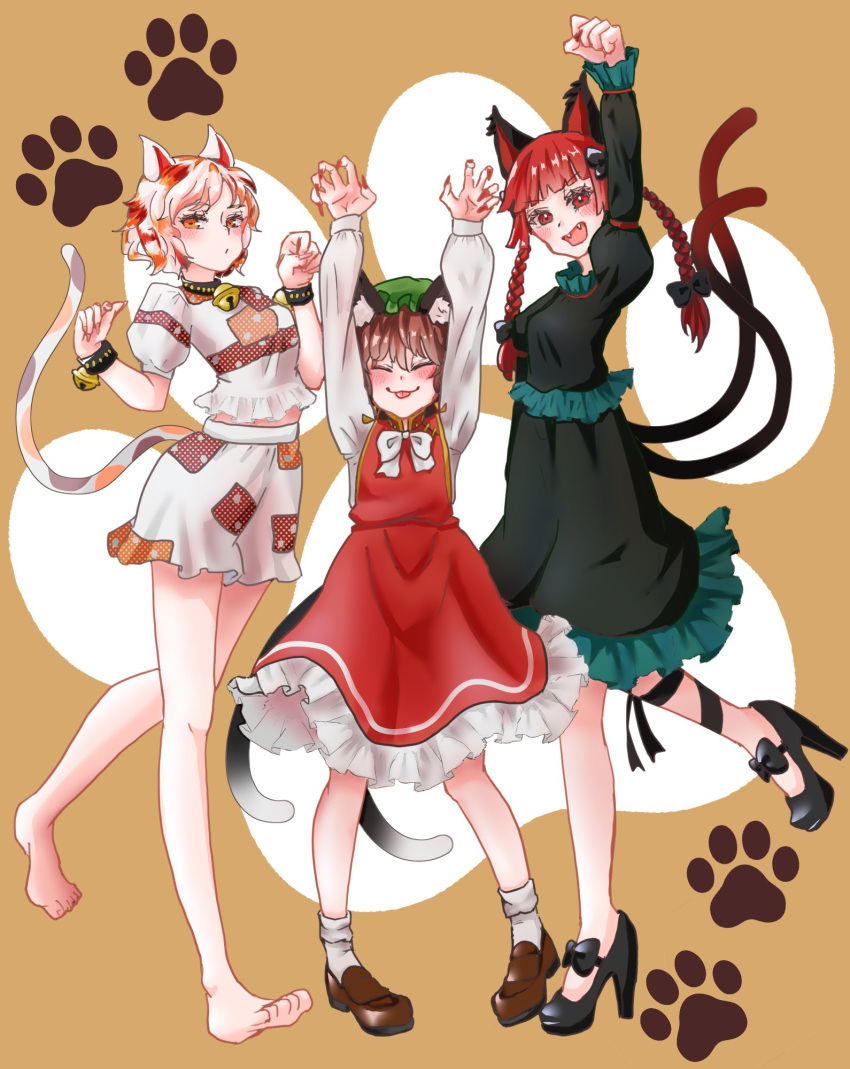 3girls animal_ears arm_up barefoot bell black_dress black_footwear bow bowtie braid brown_footwear brown_hair cat_day cat_ears cat_girl cat_tail chen closed_eyes commentary_request dress full_body goutokuji_mike high_heels highres kaenbyou_rin multicolored_hair multicolored_shirt multiple_girls multiple_tails neck_bell nekomata orange_eyes paw_print red_dress red_hair shi_ppo_no shirt short_hair shorts side_braids socks tail touhou twin_braids two_tails white_bow white_bowtie white_hair white_shirt white_shorts white_socks