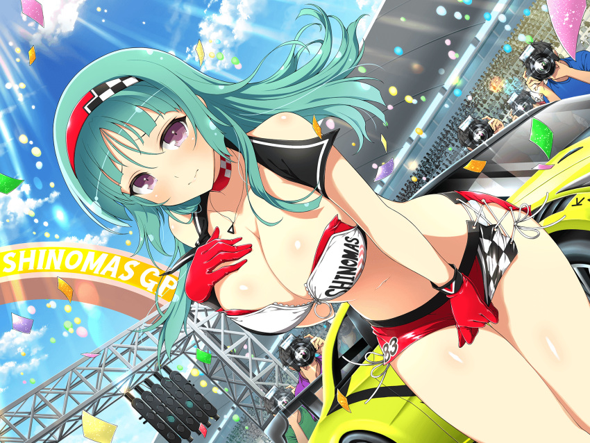 1girl 6+boys adjusting_skirt bad_vehicle_anatomy balloon bare_shoulders bashou_(senran_kagura) bleachers blue_sky blunt_bangs blunt_ends blunt_tresses blush body_blush breast_suppress breasts camera car checkered_choker checkered_hairband choker cleavage closed_mouth clothes_pull cloud cloudy_sky collarbone confetti crowd day embarrassed gloves green_hair hair_between_eyes hair_ornament hairband highres holding holding_camera jewelry large_breasts lens_flare long_hair looking_at_viewer microskirt midriff miniskirt motor_vehicle multiple_boys navel necklace official_alternate_costume official_art outdoors pendant purple_eyes race_queen racetrack red_choker red_gloves red_hairband revealing_clothes senran_kagura senran_kagura_new_link senran_kagura_new_wave shiny_skin simple_background skirt skirt_pull skirt_tug sky solo_focus sparkle sports_car stadium stomach sunlight taking_picture thighs traffic_light wavy_mouth yaegashi_nan zipper zipper_pull_tab