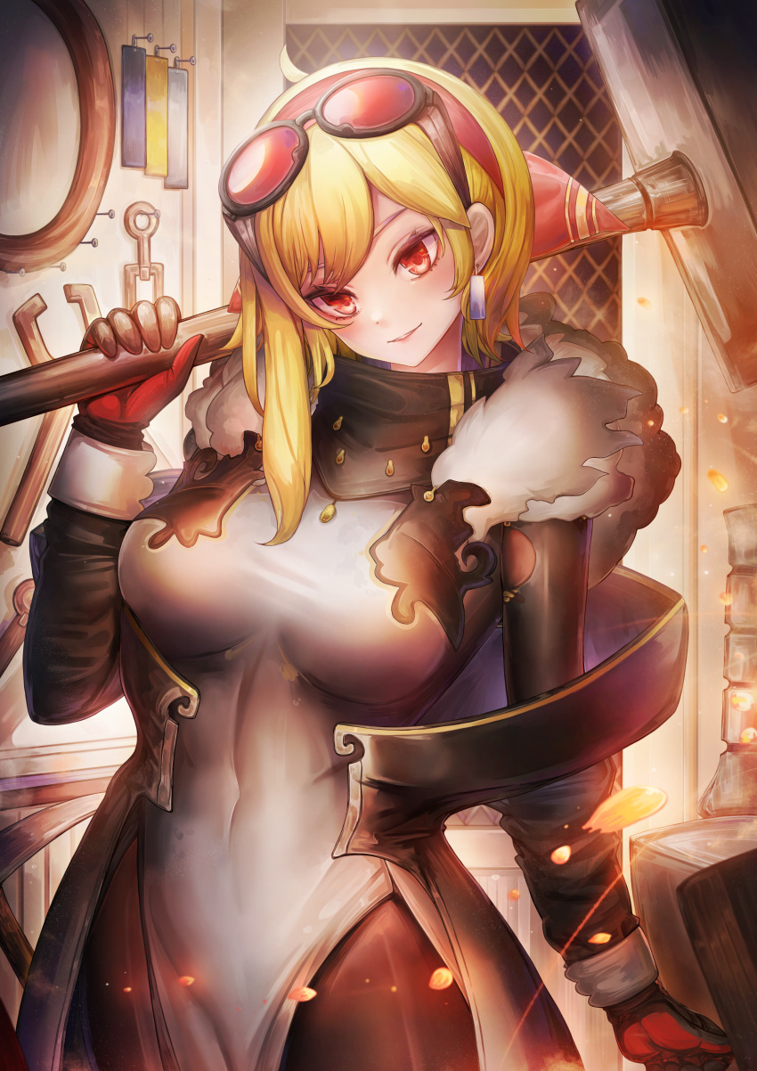 1girl absurdres black_coat black_gloves blonde_hair blush breasts coat dress fur_collar gloves hammer highres holding holding_hammer hololive hololive_indonesia impossible_clothes impossible_dress kaela_kovalskia kaela_kovalskia_(1st_costume) large_breasts long_hair looking_at_viewer pencil_dress red_eyes red_gloves smile solo two-sided_gloves virtual_youtuber ziteng_yue