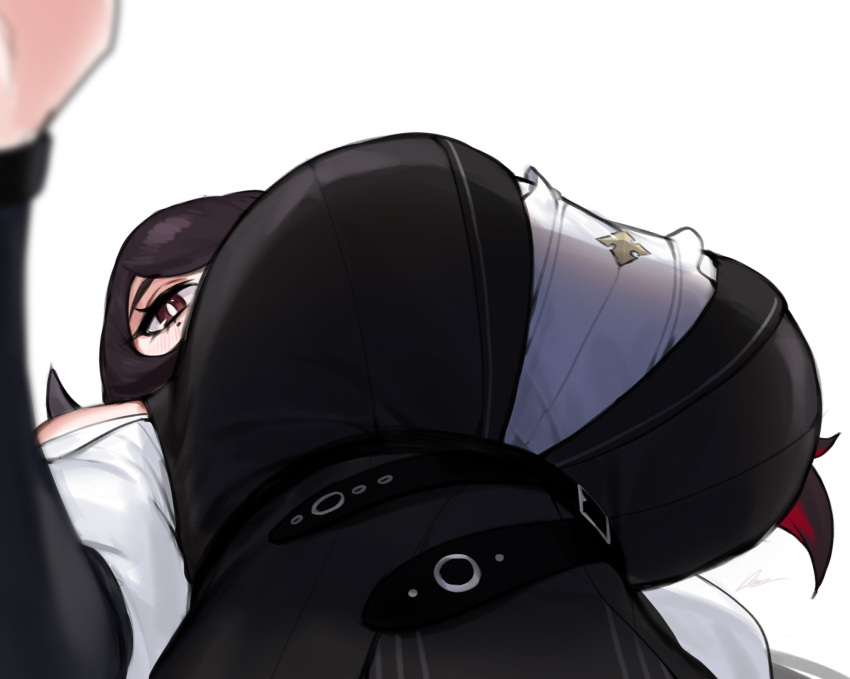 1girl black_hair breast_focus breasts close-up colored_inner_hair dasdokter demon_horns from_below highres hololive hololive_english horns huge_breasts lap_pillow looking_up mamarissa mole mole_under_eye multicolored_hair partially_obscured pov red_eyes solo_focus two-tone_hair virtual_youtuber