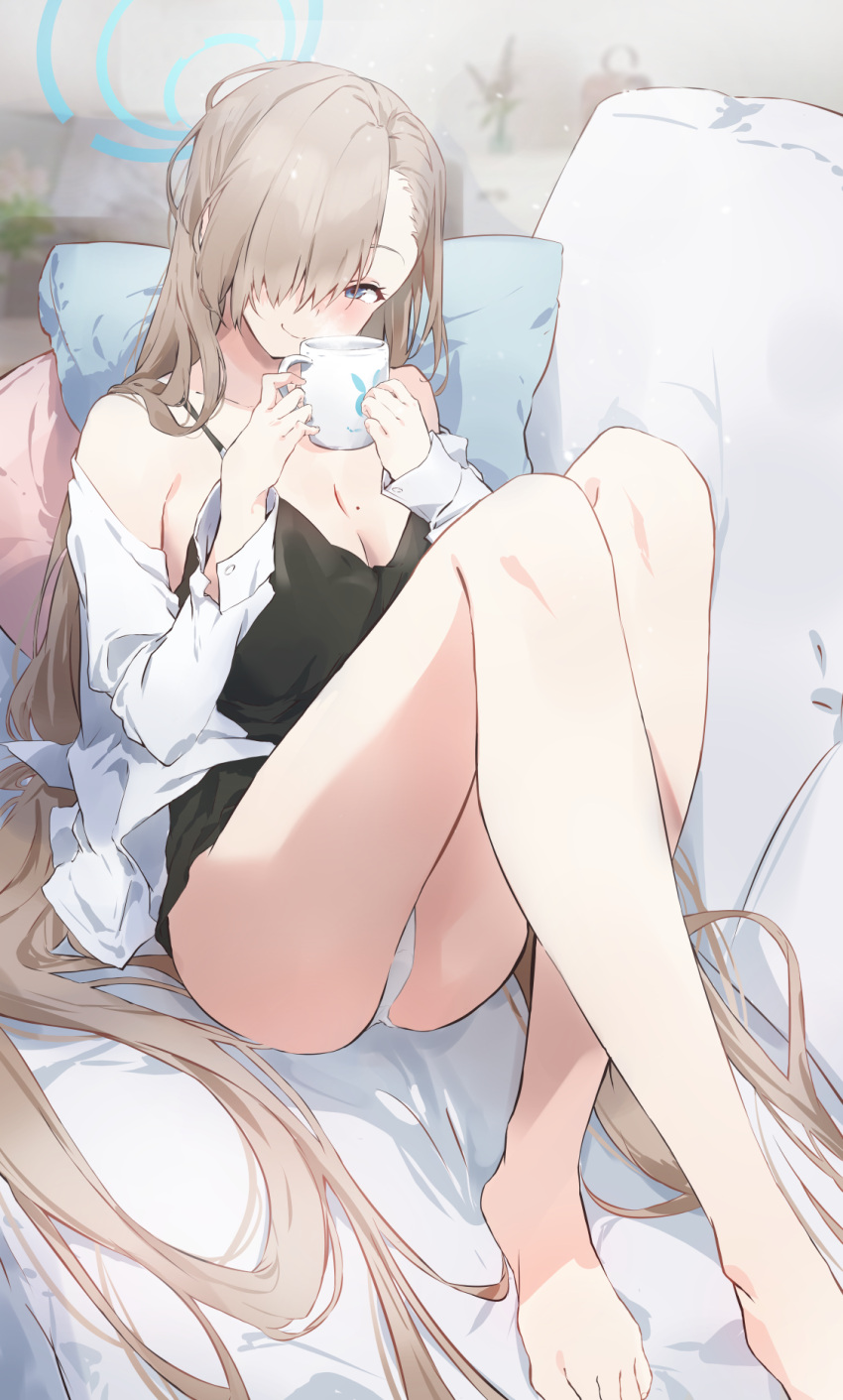 1girl ass asuna_(blue_archive) barefoot black_camisole blue_archive blue_eyes blue_halo blush breasts camisole cleavage closed_mouth collarbone cup hair_over_one_eye halo highres holding holding_cup indoors kuu_(user_gngs5284) large_breasts light_brown_hair long_hair long_sleeves looking_at_viewer mole mole_under_eye open_clothes open_shirt panties pillow shirt smile solo toes underwear white_panties white_shirt