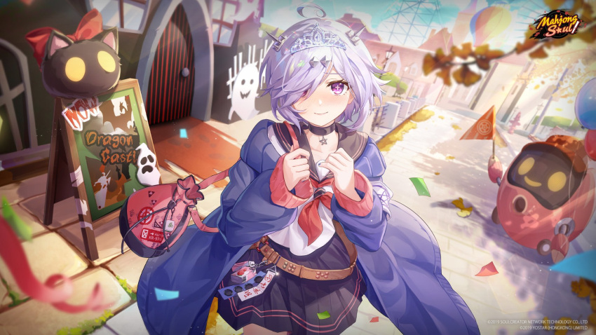 1girl ahoge amusement_park artist_request bag balloon belt black_collar black_skirt blue_jacket brown_belt collar cross-shaped_pupils door dutch_angle flag hair_over_one_eye handbag haunted_house_(attraction) highres jacket lamppost logo looking_at_viewer mahjong_soul official_art official_wallpaper purple_eyes purple_hair red_serafuku sandwich_board school_uniform serafuku skirt suzumiya_anju symbol-shaped_pupils tiara