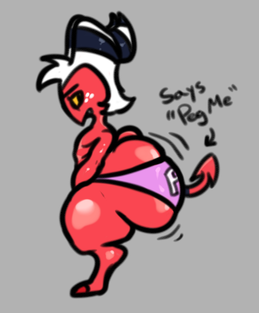 absurd_res anthro big_butt butt clothing demon digital_media_(artwork) gaze_(artist) hair helluva_boss hi_res horn huge_butt humanoid hyper imp male moxxie_(helluva_boss) panties red_body solo tail text thick_thighs underwear white_hair wide_hips