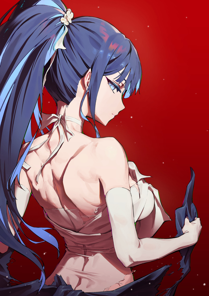 1girl absurdres black_hair blue_archive blue_eyes blue_hair breasts choker closed_mouth colored_inner_hair dress elbow_gloves from_behind gloves highres jhigf large_breasts long_hair looking_at_viewer looking_back multicolored_hair official_alternate_costume saori_(blue_archive) saori_(dress)_(blue_archive) solo strapless strapless_dress upper_body white_choker white_dress white_gloves