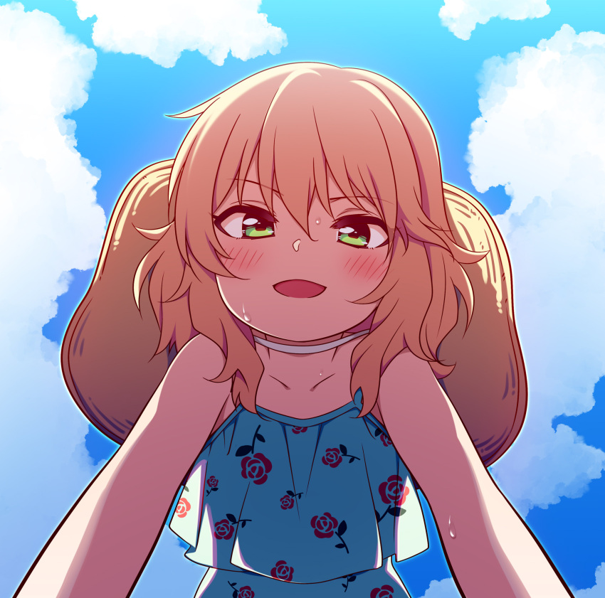 1girl blonde_hair blue_sky blush cloud commentary_request day floral_print from_below fuu_(koneko_no_yomeiri) green_eyes hat_on_back highres idolmaster idolmaster_cinderella_girls looking_at_viewer medium_hair open_mouth pov print_swimsuit rose_print sakurai_momoka sky smile solo sweat swimsuit