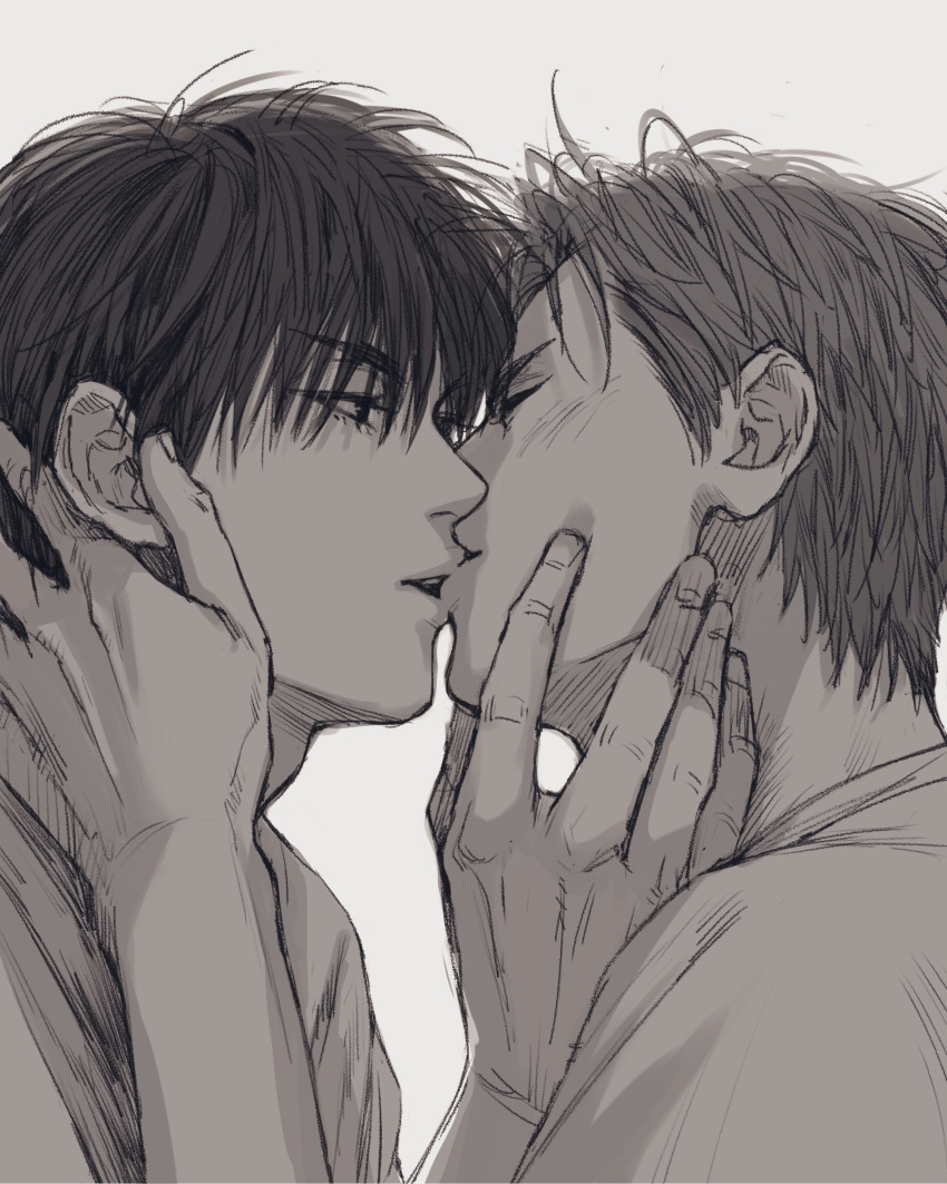 2boys absurdres blush close-up closed_eyes couple greyscale hand_on_another's_face highres kiss looking_at_another male_focus marukome0816 monochrome multiple_boys profile rukawa_kaede sakuragi_hanamichi short_hair simple_background slam_dunk_(series) yaoi