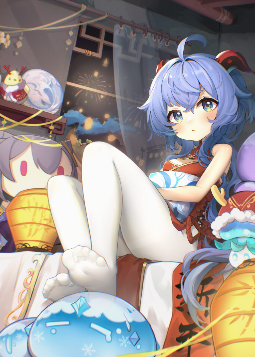 1girl absurdres aged_down ahoge amiemie117 bare_shoulders blue_hair blush chinese_clothes curtains feet ganyu_(genshin_impact) genshin_impact highres horns keqing_(genshin_impact) long_hair looking_at_viewer orb pantyhose parted_lips purple_eyes qilin_(mythology) red_rope rope sidelocks sitting slime_(genshin_impact) soles stuffed_animal stuffed_toy toes white_pantyhose window