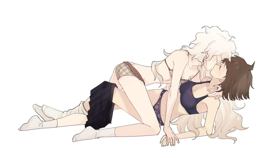 2girls ahoge black_bra black_skirt blue_panties bra brown_hair brown_panties clothes_pull collarbone danganronpa_(series) danganronpa_2:_goodbye_despair from_side full_body genderswap genderswap_(mtf) girl_on_top grey_hair highres hinata_hajime kiss komaeda_nagito long_hair multiple_girls panties plaid plaid_bra plaid_panties shuimu_guan simple_background skirt skirt_pull socks sports_bra underwear white_background yuri