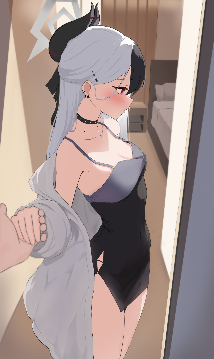 1boy 1girl absurdres bed black_dress black_ribbon blue_archive blush breasts choker closed_mouth dress genso_(thereisnosauce) grey_hair hair_ornament hair_ribbon hairclip halo hetero highres holding_hands horns indoors jacket jewelry kayoko_(blue_archive) kayoko_(dress)_(blue_archive) long_hair long_sleeves medium_breasts mole mole_on_neck necklace off_shoulder official_alternate_costume open_clothes open_jacket profile red_eyes ribbon sleeveless sleeveless_dress solo_focus white_hair