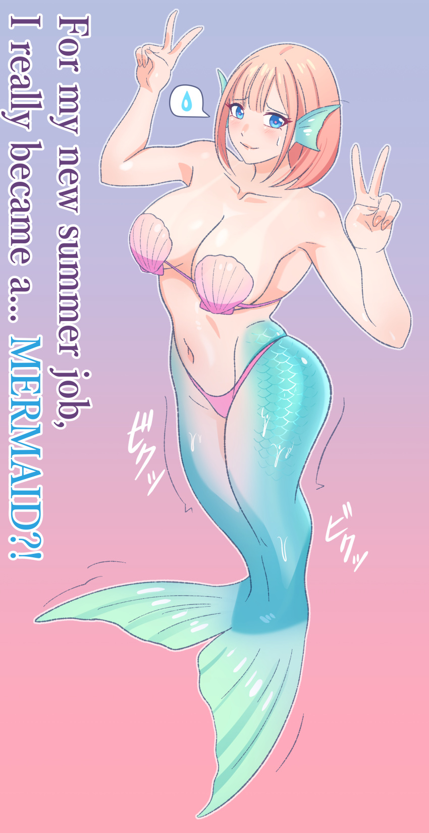 1girl absurdres bikini blue_background blue_eyes breasts cleavage collarbone commentary_request english_text fins full_body gradient_background head_fins highres kiria_ai large_breasts mermaid monster_girl monsterification navel orange_hair original pink_bikini red_background scales shell shell_bikini short_hair solo spoken_sweatdrop standing sweatdrop swimsuit transformation