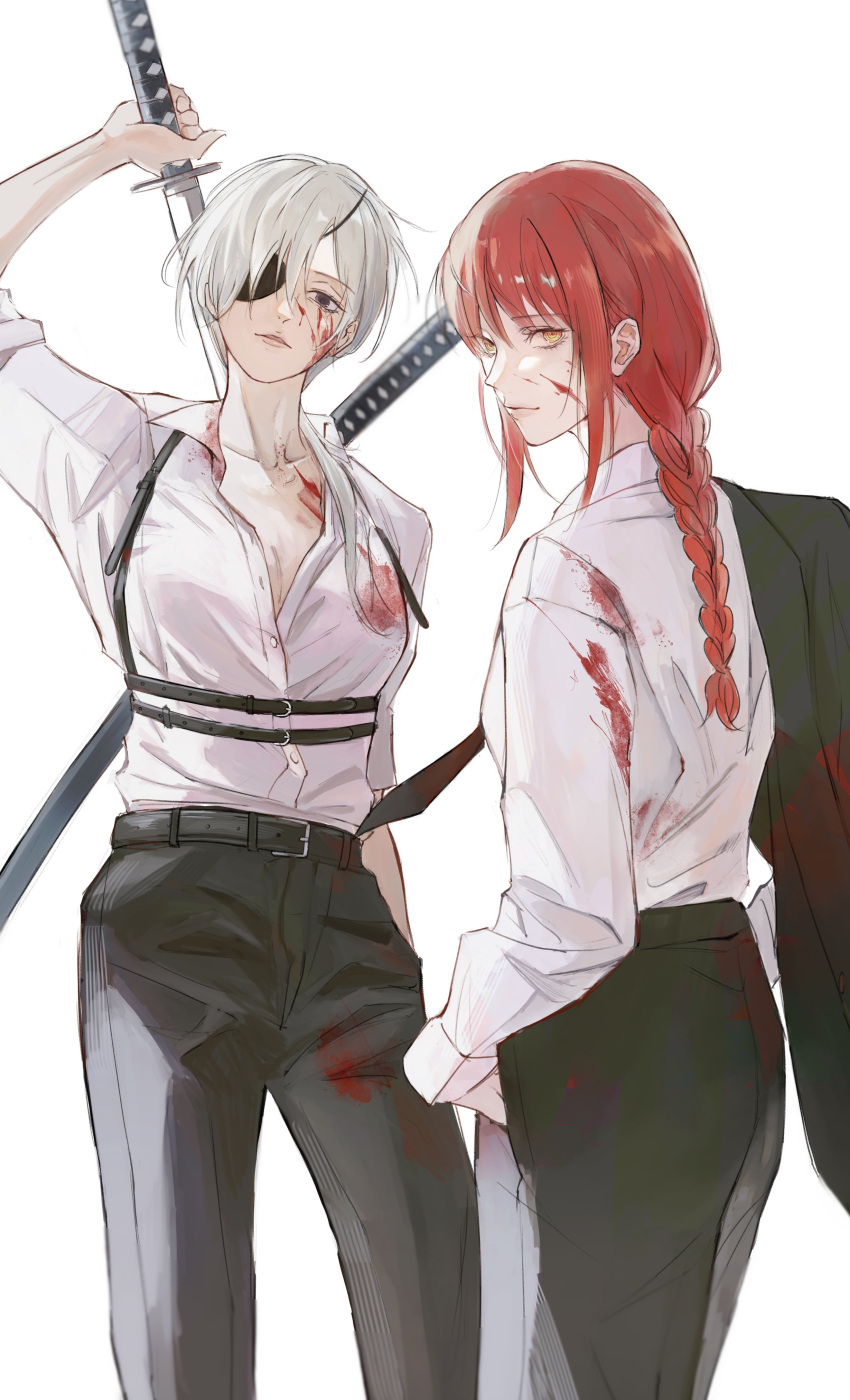 2girls absurdres belt black_belt black_eyes black_jacket black_necktie black_pants blood blood_on_clothes blood_on_face braid braided_ponytail breasts chainsaw_man chest_harness cleavage closed_mouth collarbone collared_shirt commentary_request dress_shirt eyepatch hand_in_pocket hands_in_pockets harness highres holding holding_sword holding_weapon jacket katana long_hair long_sleeves makima_(chainsaw_man) medium_breasts multiple_girls necktie one_eye_covered pants parted_lips partially_unbuttoned quanxi_(chainsaw_man) red_hair ringed_eyes sheath shirt sidelocks simple_background sleeves_rolled_up standing sushizanmai_(sorahaaoi7) sword unsheathing unworn_jacket weapon white_background white_hair white_shirt wing_collar yellow_eyes