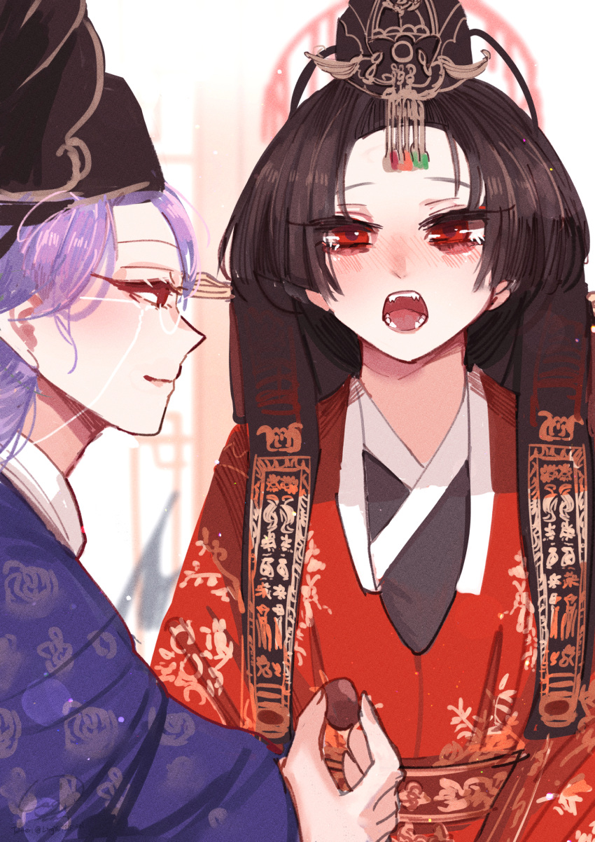 2girls black_hair blue_archive chocolate closed_mouth female_sensei_(blue_archive) food glasses hair_ornament highres holding holding_food japanese_clothes kimono liang_yuan long_hair looking_at_viewer multiple_girls open_mouth purple_eyes purple_hair purple_kimono red_eyes red_kimono sensei_(blue_archive) shiromuku smile tsurugi_(blue_archive) uchikake