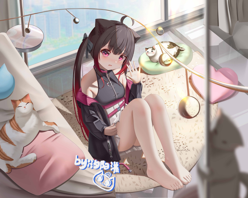 1girl absurdres ahoge animal_ears bare_shoulders barefoot black_bow black_coat black_hair bow breasts cat cat_ears chinese_commentary closed_mouth coat colored_tips crescent_moon feet full_body hair_bow head_tilt heart heart-shaped_pillow highres indoors jacket jacket_partially_removed jewelry knees_up legs long_hair long_sleeves looking_at_viewer moon multicolored_hair necklace off_shoulder pillow pink_eyes pleated_skirt red_hair rug sidelocks sitting skirt small_breasts solo thighs toes twintails waving white_skirt window xi_yang_yang zipper