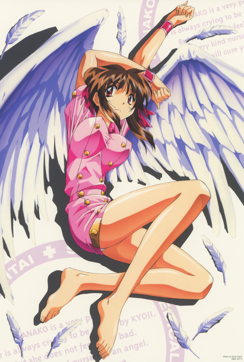 1girl absurdres arms_up bare_legs breasts brown_hair copyright_notice covered_nipples double_bun drop_shadow feathered_wings feathers hair_bun highres large_breasts looking_at_viewer medium_hair nanako_kaitai_shinsho non-web_source official_art panties pantyshot red_eyes scan shichigusa_nanako short_sleeves solo text_background underwear white_wings wings wristband yamashita_toshinari