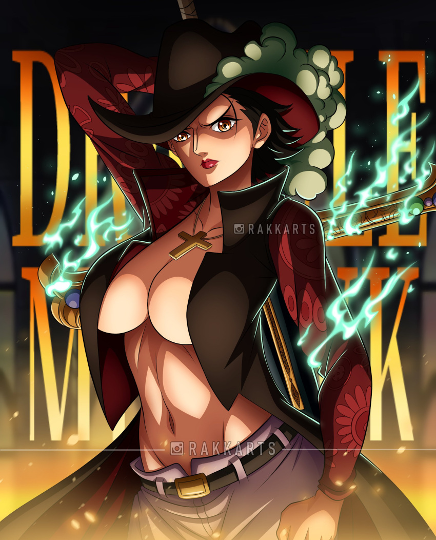 1girl absurdres belt belt_buckle black_coat black_hair breasts buckle character_name clenched_hand closed_mouth coat cross cross_necklace cross_pendant dracule_mihawk english_commentary floral_print genderswap genderswap_(mtf) hat hat_feather high_collar highres holding holding_sword holding_weapon jewelry large_breasts looking_at_viewer navel necklace no_bra one_piece open_clothes pants rakara11_(rakkarts) red_lips ringed_eyes short_hair solo sword v-shaped_eyebrows weapon white_pants yellow_eyes yoru_(sword)