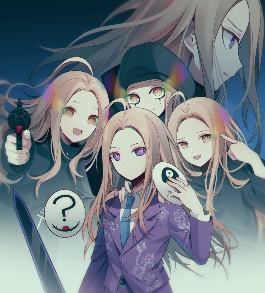 5boys :d ? ahoge aiming aiming_at_viewer black_coat black_eyeliner blonde_hair blue_necktie brown_eyes closed_mouth coat collared_shirt cropped_torso empty_eyes eye_trail eyeliner furrowed_brow gun hand_up highres holding holding_gun holding_mask holding_weapon hood hood_up jacket jewelry light_trail long_hair long_sleeves looking_at_viewer makeup makoto_kagutsuchi male_focus mask master_detective_archives:_rain_code multiple_boys multiple_persona necktie open_mouth pants pointing pointing_at_self pointing_at_viewer pointing_gun profile purple_eyes purple_jacket purple_pants qiao_xing ring shirt smile spoilers sword unworn_mask upper_body weapon white_shirt