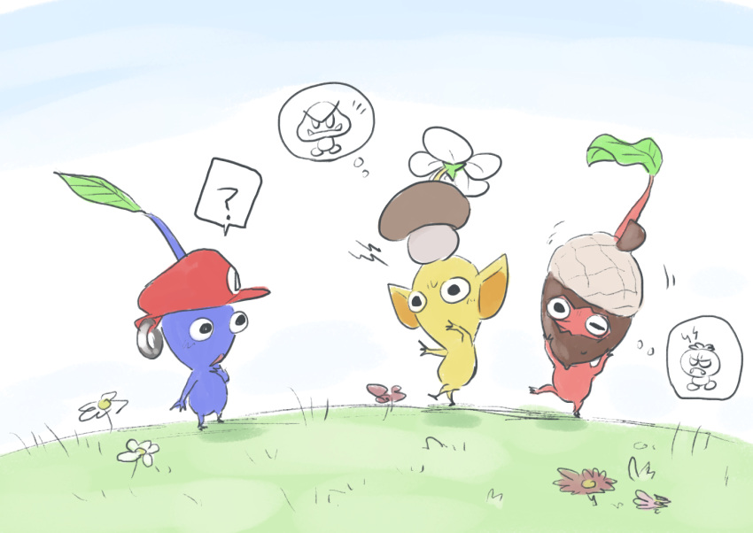 ? acorn black_eyes blue_pikmin blue_skin blue_sky cabbie_hat colored_skin day field flower flower_field furrowed_brow goomba grass hand_on_own_chin hat leaf looking_at_another mario_(series) mario_hat mushroom_hat no_humans no_mouth notice_lines one_eye_closed outdoors pikmin_(creature) pikmin_(series) pikmin_bloom pointy_nose red_headwear red_pikmin sky spoken_character spoken_question_mark thought_bubble triangle_mouth usuba_(hatomugip) white_flower yellow_pikmin yellow_skin