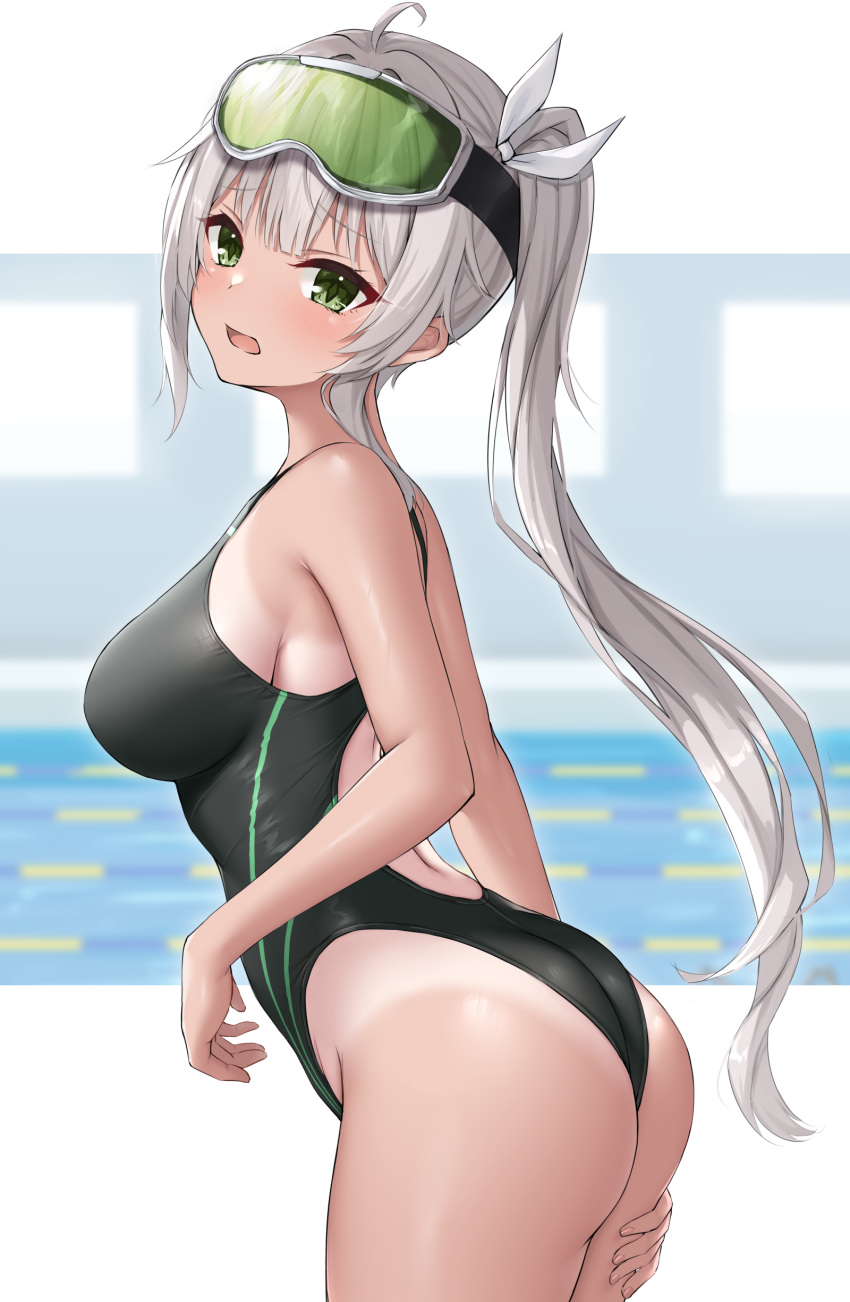 1girl absurdres ahoge ass black_one-piece_swimsuit breasts commission competition_swimsuit cowboy_shot diving_mask diving_mask_on_head goggles goggles_on_head green_eyes grey_hair highleg highleg_swimsuit highres indie_virtual_youtuber kotoha_rimu lane_line long_hair medium_breasts ncontrail_(mgax7527) one-piece_swimsuit one-piece_tan open_mouth pool sideboob skeb_commission solo swimsuit tan tanlines twintails virtual_youtuber