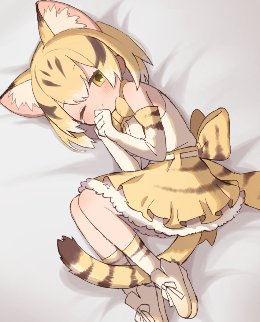 1girl animal_ears back_bow bare_shoulders blonde_hair blush bow bowtie brown_hair cat_ears cat_girl cat_tail commentary_request curled_up elbow_gloves extra_ears frilled_skirt frills from_above gloves hair_between_eyes high-waist_skirt highres kemono_friends loafers looking_at_viewer multicolored_hair noamem on_bed print_bow print_bowtie print_gloves print_skirt print_socks sand_cat_(kemono_friends) sand_cat_print shirt shoes short_hair sidelocks skirt sleeveless socks solo tail white_footwear white_gloves white_hair white_shirt yellow_eyes