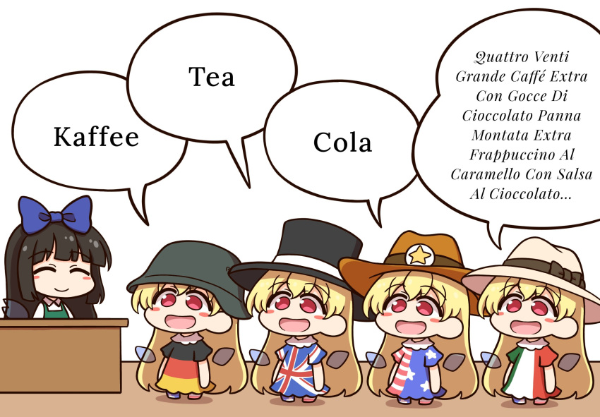 5girls :d alternate_costume alternate_headwear american_flag american_flag_print black_headwear blonde_hair blue_bow blunt_bangs blush_stickers bow chibi clone clownpiece combat_helmet commentary_request cowboy_hat dress english_text flag_print german_flag_print german_text green_dress green_headwear hair_bow hat helmet highres italian_flag_print italian_text long_hair multiple_girls multiple_persona red_eyes sheriff shitacemayo smile speech_bubble stahlhelm star_sapphire top_hat touhou union_jack_print white_background white_headwear