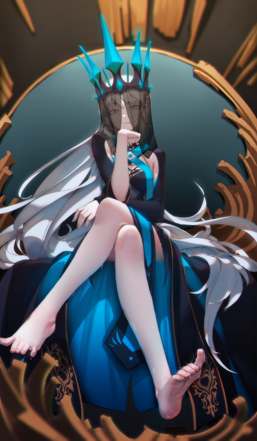 1girl absurdres bare_legs barefoot biting_own_lip black_dress black_veil blue_dress breasts commentary crossed_legs crown disgust dress fate/grand_order fate_(series) feet full_body grey_eyes grey_hair hand_up highres ksb_(qwop03) legs long_hair long_sleeves looking_at_viewer medium_breasts morgan_le_fay_(fate) parted_lips sidelocks sitting soles solo sweat teeth throne toes two-tone_dress veil very_long_hair