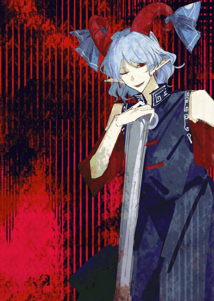 1girl blue_dress commentary_request cowboy_shot curled_horns detached_sleeves dress flat_chest grey_hair highres horns looking_at_viewer meandros medium_bangs oiviie one_eye_closed open_mouth patterned_clothing pointy_ears red_background red_eyes red_horns sharp_teeth sheep_horns short_hair sleeveless sleeveless_dress smile solo striped_background teeth touhou toutetsu_yuuma