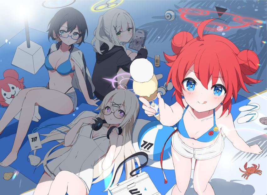 4girls :q ahoge aqua-framed_eyewear arm_up badge ball bare_legs beachball bikini black_hair black_hoodie blue-framed_eyewear blue_archive blue_eyes braid button_badge can chihiro_(blue_archive) commentary_request crab double_bun drink_can energy_drink flip-flops food green_eyes hair_bun hair_ornament halo hare_(blue_archive) headphones headphones_around_neck highleg highleg_bikini highres himari_(blue_archive) hood hood_down hoodie ice_cream id_card kotama_(blue_archive) lanyard lying maki_(blue_archive) mochigome_(ununquadium) multiple_girls nazomaki_(blue_archive) on_back peroro_(blue_archive) ponytail rabbit_hair_ornament red_hair sandals shadow shorts sidelocks sitting smile smiley_face soda soda_can standing swept_bangs swimsuit tongue tongue_out veritas_(blue_archive) white_hair white_shorts