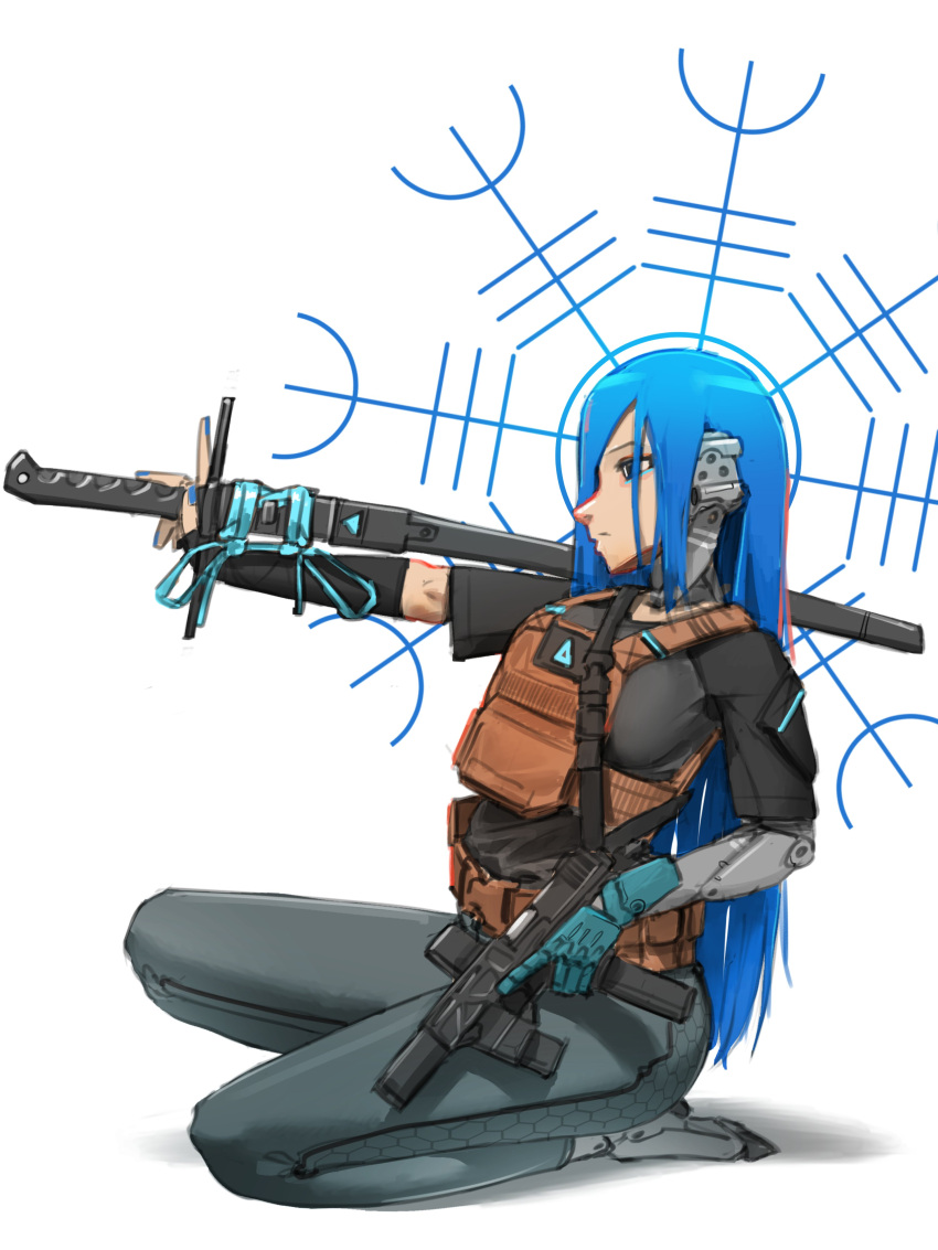 1girl absurdres blue_hair blue_nails elbow_gloves gloves gun handgun highres katana kneeling long_hair looking_to_the_side notfuji original plate_carrier prosthesis prosthetic_arm runes solo submachine_gun sword weapon white_background