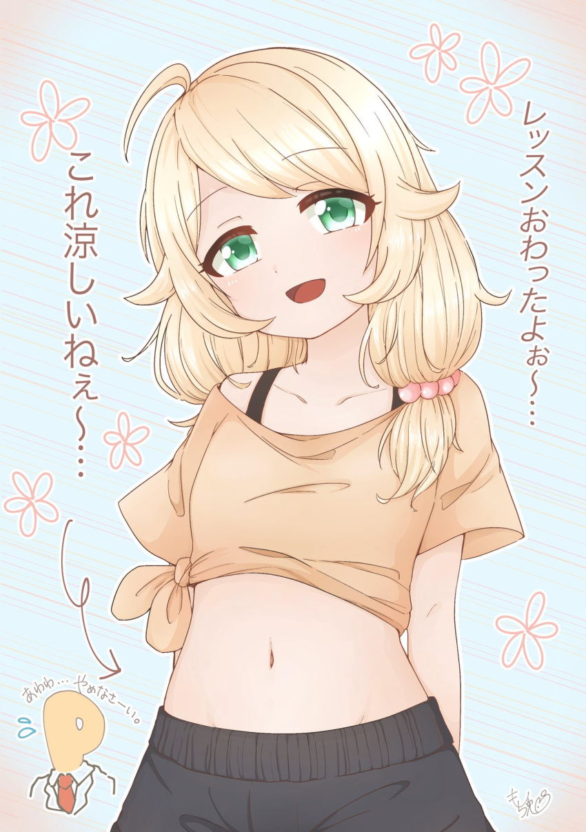 1girl ahoge arrow_(symbol) blonde_hair cowboy_shot green_eyes hair_ornament hair_scrunchie highres hip_bones idolmaster idolmaster_cinderella_girls looking_at_viewer low_twintails mo_chito27 navel necktie non-web_source open_mouth p-head_producer producer_(idolmaster) scrunchie shirt shorts sweatdrop tied_shirt twintails yusa_kozue