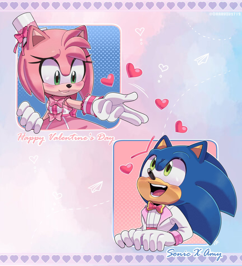 1boy 1girl absurdres alternate_costume amy_rose animal_ears blue_fur blush bow bowtie character_name charuzu2712 dress english_text furry furry_female furry_male gloves green_eyes happy_valentine hat heart highres jacket looking_at_another mini_hat mini_top_hat open_mouth pink_bow pink_bowtie pink_dress pink_fur shirt smile sonic_(series) sonic_the_hedgehog teeth top_hat white_gloves white_headwear white_jacket white_shirt