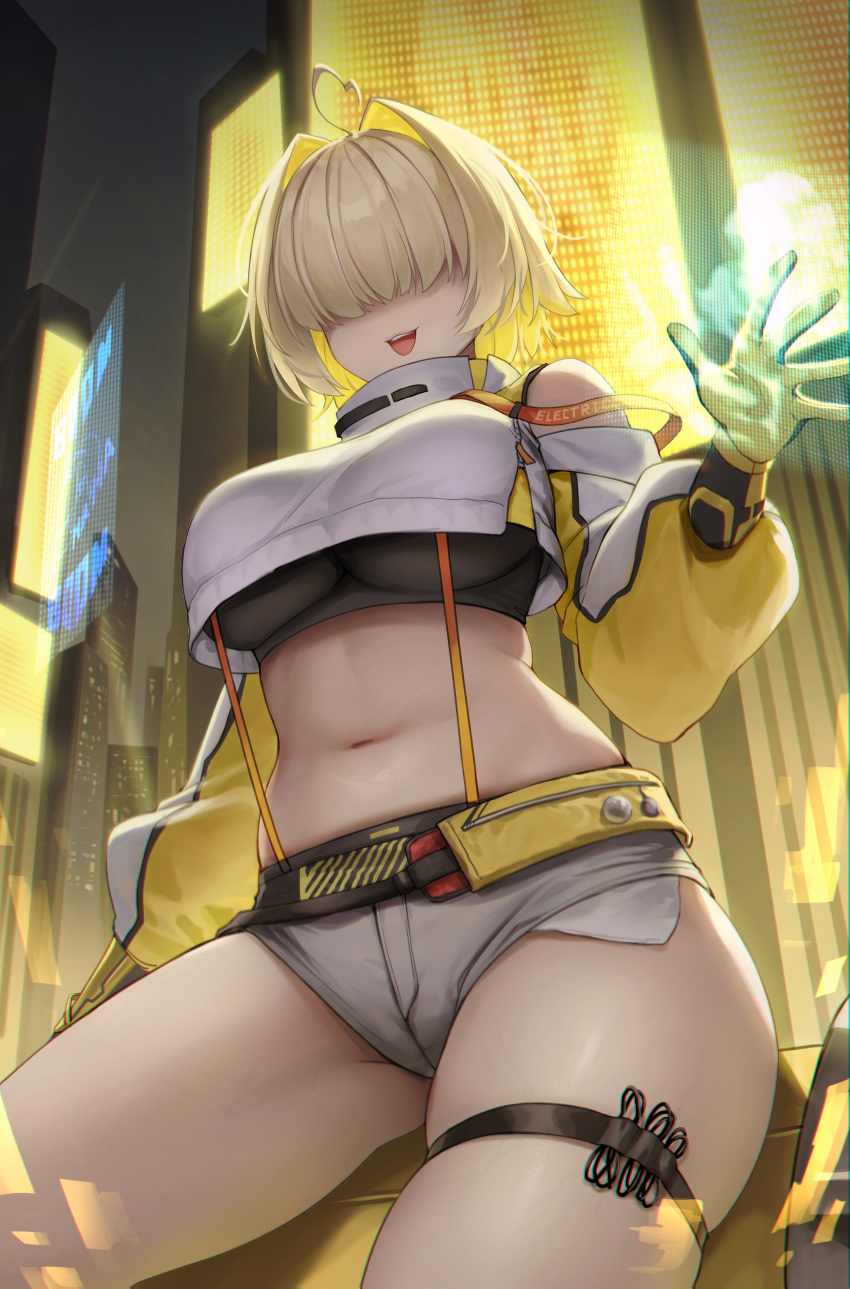 1girl :3 absurdres ahoge blonde_hair breasts city cropped_jacket elegg_(nikke) goddess_of_victory:_nikke hair_intakes hair_over_eyes heart heart_ahoge highres large_breasts long_sleeves medium_hair night outdoors phusit skindentation smile solo teeth thick_thighs thigh_strap thighs upper_teeth_only