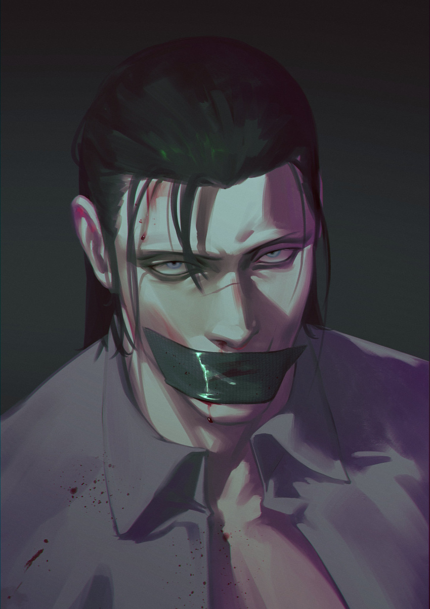 1boy 9gu_84 absurdres black_hair blood blood_on_clothes blood_on_face gag highres improvised_gag looking_at_viewer loose_hair_strand male_focus mature_male medium_hair nosebleed ponytail portrait scar scar_on_chin scar_on_face scar_on_mouth scar_on_nose sergei_dragunov simple_background solo tape tape_gag tekken