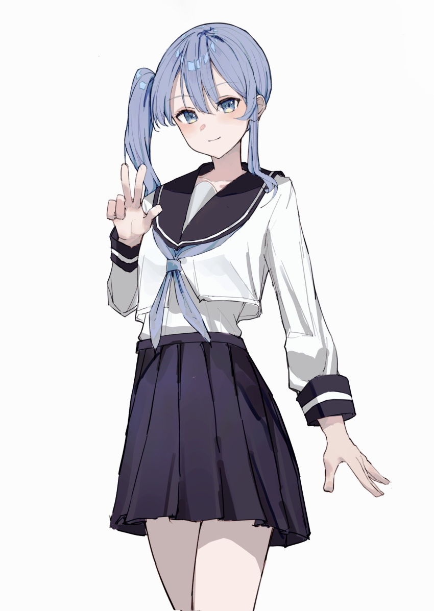 1girl absurdres arm_at_side black_sailor_collar black_skirt blue_eyes blue_hair blue_neckerchief closed_mouth corrupted_twitter_file cowboy_shot hand_up highres hololive hoshimachi_suisei karyln light_smile long_hair long_sleeves looking_at_viewer neckerchief pleated_skirt sailor_collar school_uniform serafuku side_ponytail simple_background skirt v virtual_youtuber white_background white_serafuku