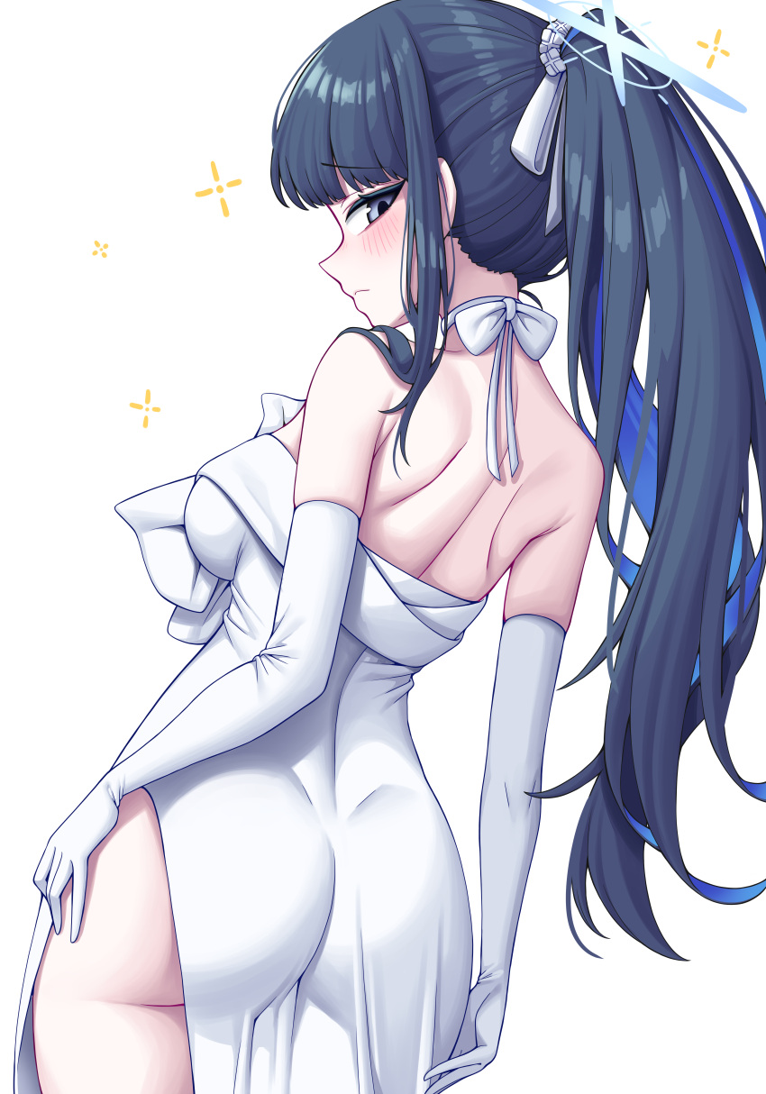 1girl absurdres ass black_hair blue_archive blue_eyes blue_hair blue_halo blush breasts closed_mouth colored_inner_hair cowboy_shot dress elbow_gloves gloves halo highres large_breasts long_hair looking_at_viewer metaljelly multicolored_hair official_alternate_costume saori_(blue_archive) saori_(dress)_(blue_archive) simple_background solo white_background white_dress white_gloves
