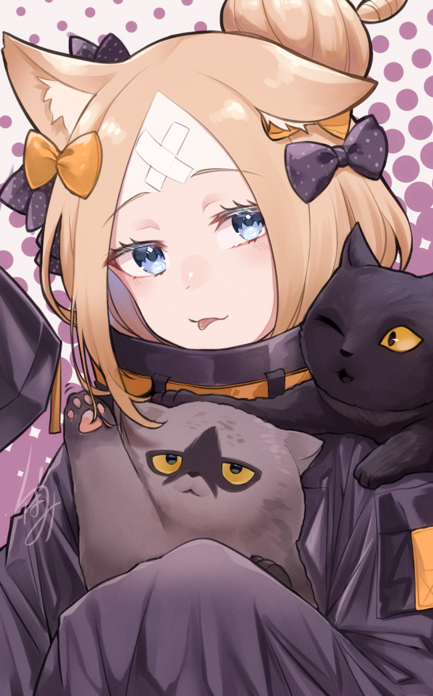 1girl abigail_williams_(fate) abigail_williams_(traveling_outfit)_(fate) animal_ears bandaid bandaid_on_face bandaid_on_forehead belt black_bow black_jacket blonde_hair blue_eyes bow breasts cat cat_ears crossed_bandaids fate/grand_order fate_(series) forehead hair_bow hair_bun high_collar highres jacket kubomi_943 long_hair long_sleeves orange_belt orange_bow parted_bangs sleeves_past_fingers sleeves_past_wrists small_breasts solo tongue tongue_out