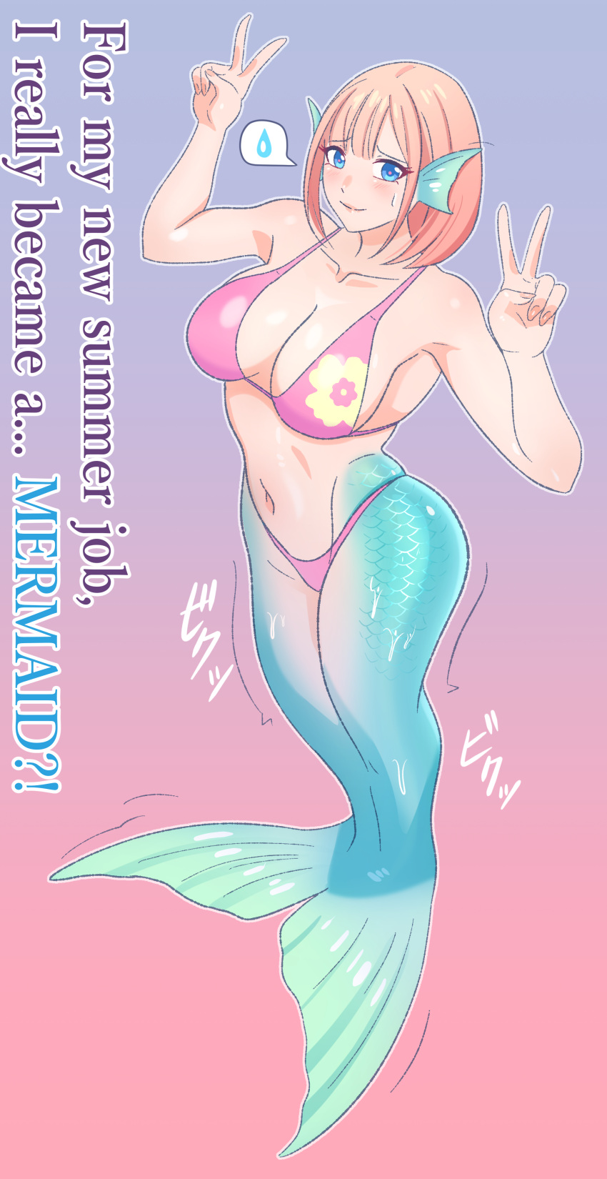 1girl absurdres bikini blue_background blue_eyes breasts cleavage collarbone commentary_request english_text fins full_body gradient_background head_fins highres kiria_ai large_breasts mermaid monster_girl monsterification navel orange_hair original pink_bikini red_background scales short_hair solo spoken_sweatdrop standing sweatdrop swimsuit transformation